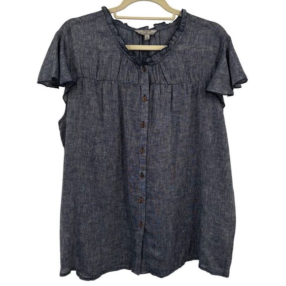 Hester & Orchard Linen Blend Button Front Babydoll Top Blue Size Large - Picture 1 of 7